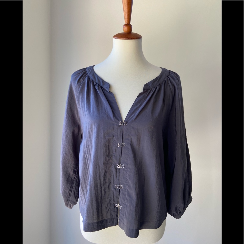 Like new (worn once) blue grey poet style blouse with cute hook & eye closures